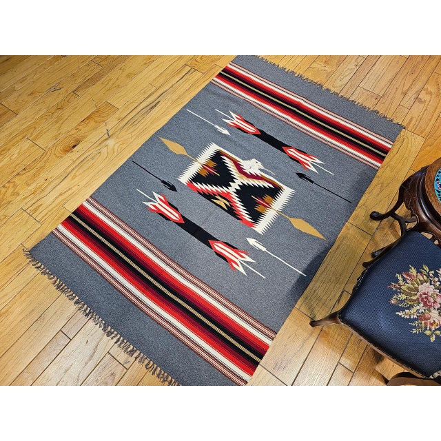 Slate Gray Vintage American Southwestern Kilim Rug, Handwoven Wool, Mythical Bird Pattern, Pale Blue & Ivory, 4x7 For Sale - Image 8 of 11