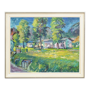 Impressionistic Painting of a Garden With Buildings in the Background