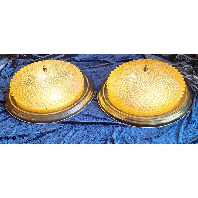 1970s Vintage Ceiling Lamps with Brass Rim and Relief Glass Shade, 1970s, Set of 2 For Sale - Image 5 of 7