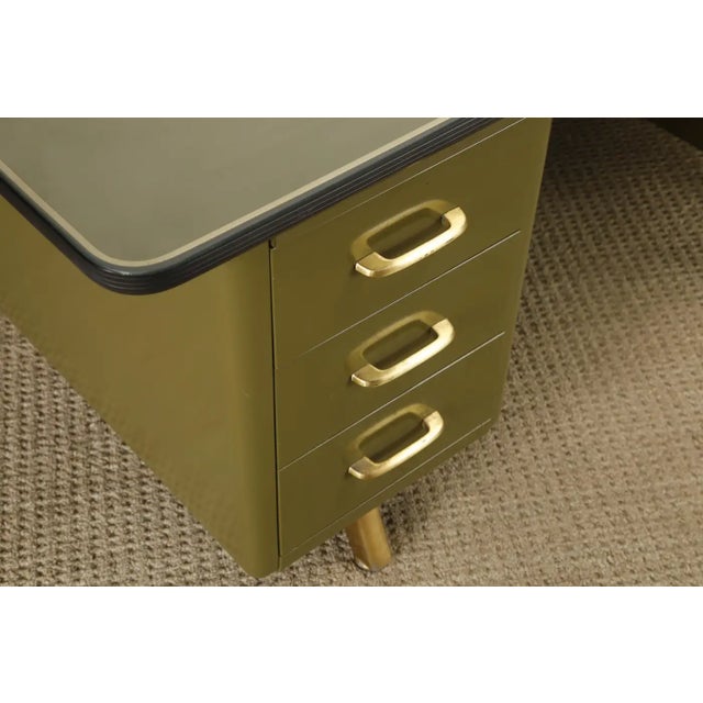 Mid-Century Modern Steel Tanker Desk in Olive Green W Glass Top and Brass, 1960s For Sale - Image 15 of 18