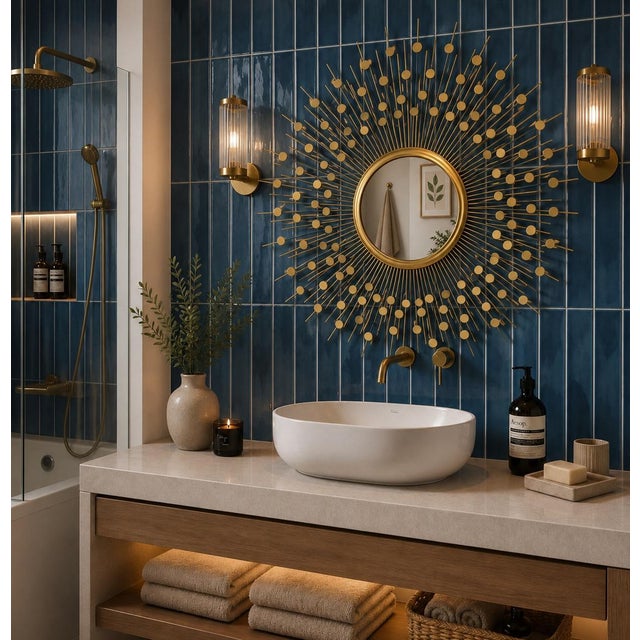 Large Brass Convex Sunburst Wall Mirror | Mid-Century Modern Atomic Style | 34” For Sale In Chicago - Image 6 of 8