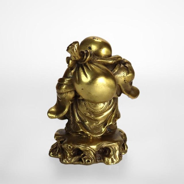 Asian Cast Brass Laughing or Travelling Buddha Figurine C1900 For Sale - Image 3 of 5