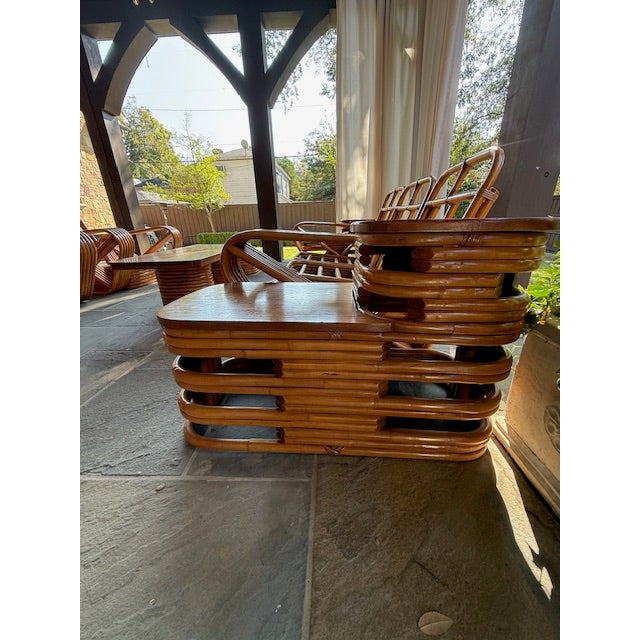 Camel Large Rare Lot - Vintage Paul Frankl by Kane Kraft Pretzel Rattan Six-Strand 7-Piece Set! For Sale - Image 8 of 18