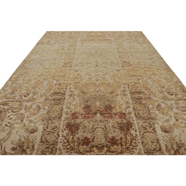 Contemporary Rug & Kilim’s Distressed European Rug in Beige-Brown & Gold Floral Pattern For Sale - Image 3 of 7