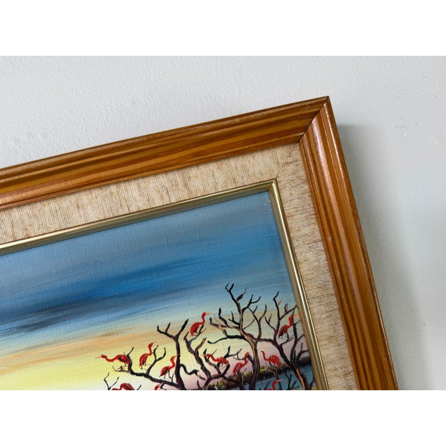 1980’s Vintage Flamingos Mangroves Coastal Impressionist Oil Painting on Canvas – Framed For Sale - Image 10 of 11