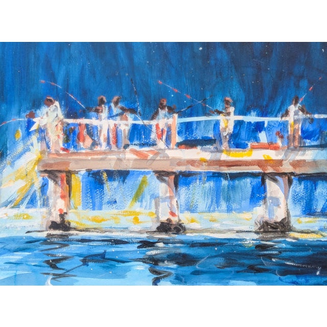 Charles Criner "Starry Night" Watercolor Impressionist Galveston Pier Landscape Painting, 2009 For Sale - Image 9 of 11