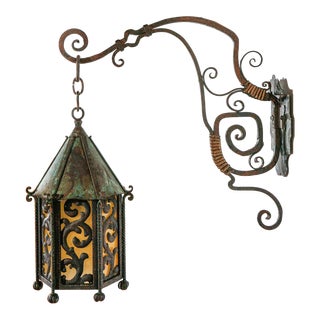 Early 20th Century Large Decorative Iron & Brass Exterior Sconce With Extended Mounting Bracket For Sale