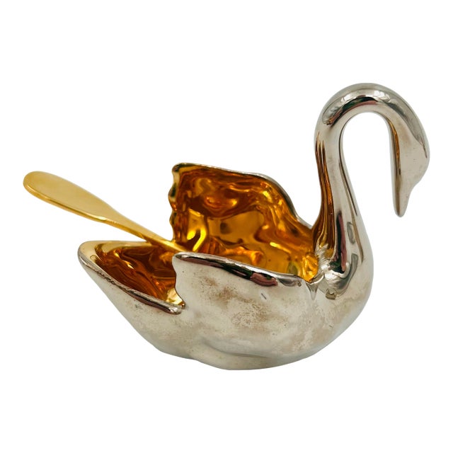 Vintage Limoges Silver/Platinum and Gold Plated Porcelain Swan Salt Cellar With Gold Plated Spoon For Sale