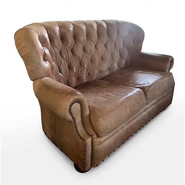 Vintage Bradington-Young Hand-Brushed Aniline Leather Tufted English Club Suite With Wingback Chair, Ottoman and Loveseat For Sale - Image 9 of 14