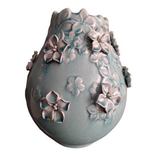 Vintage Late 20th Century Aqua Blue Floral Applique Glazed Ceramic Vase For Sale