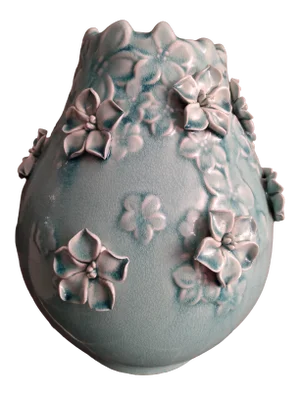 Vintage Late 20th Century Aqua Blue Floral Applique Glazed Ceramic Vase