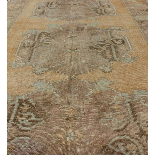 Mid 20th Century Vintage Turkish Oushak Gallery Rug in Soft Camel, Taupe, and Muted Blue Tones For Sale - Image 5 of 9