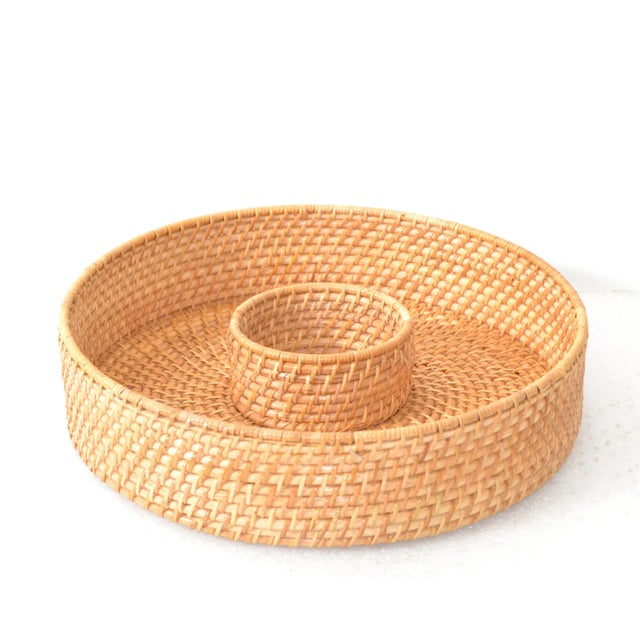 Mid-Century Modern Rattan and Bamboo hand woven Serving Basket, Dish or Bowl for Dip & Tortilla Chips Snacks. Practical as...