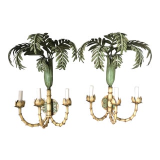 Tole Palm and Faux Bamboo Sconces - a Pair For Sale