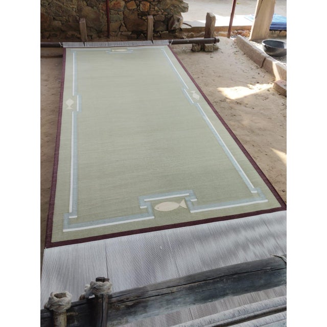 Handmade Cotton Dhurrie Runner, Olive Green and Wine Border Fish Patterned Runner Rug- 4'x10' For Sale - Image 12 of 12