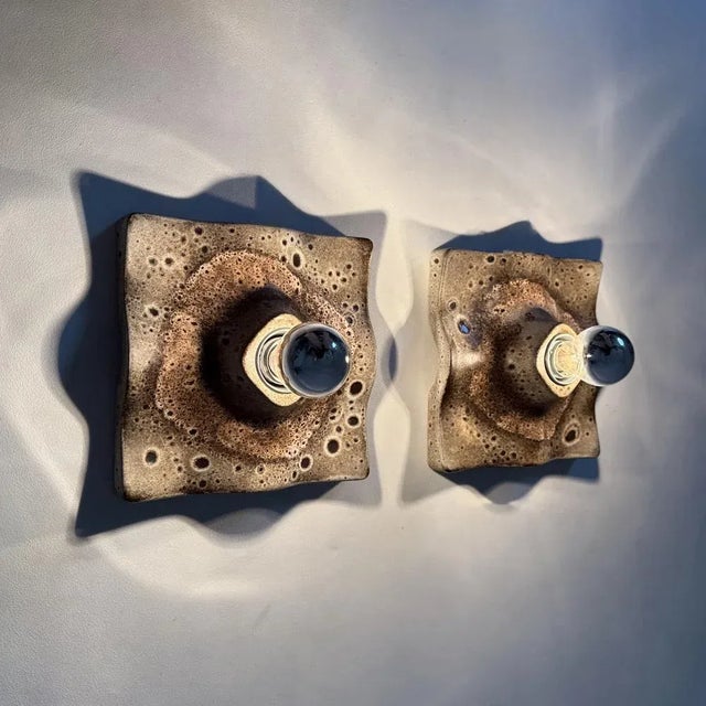 Mid-Century Wavy Ceramic Wall Lamps, 1970s, Set of 2, in Good conditions. Designed 1970 to 1979 European Plug (up to...