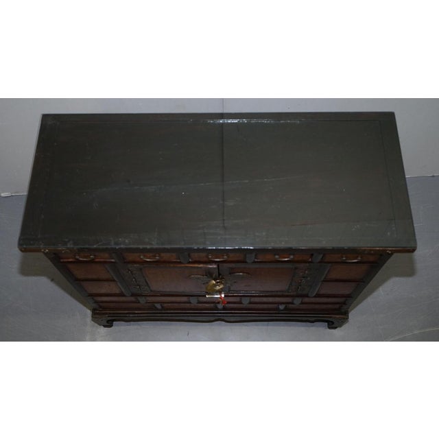 Antique Chinese Burr Elm & Brass Engraved Sideboard For Sale - Image 14 of 18