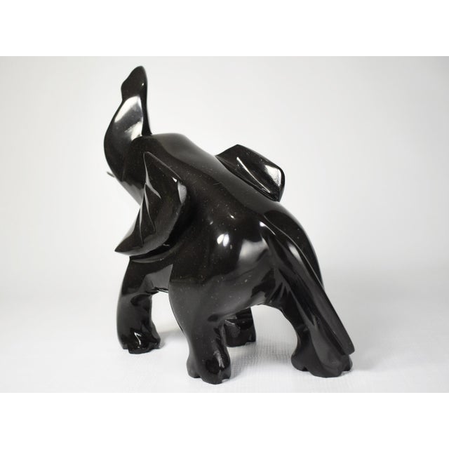 Mid 20th Century Vintage Solid Black Onyx Stone Carved Trunk Up Lucky Elephant Figurine For Sale - Image 5 of 8