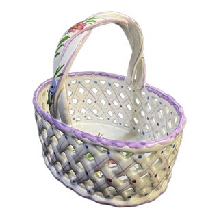 Vintage Hand-Painted Ceramic Lattice Basket With Flowers From Portugal For Sale