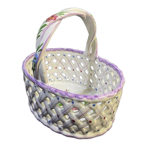 Vintage Hand-Painted Ceramic Lattice Basket With Flowers From Portugal