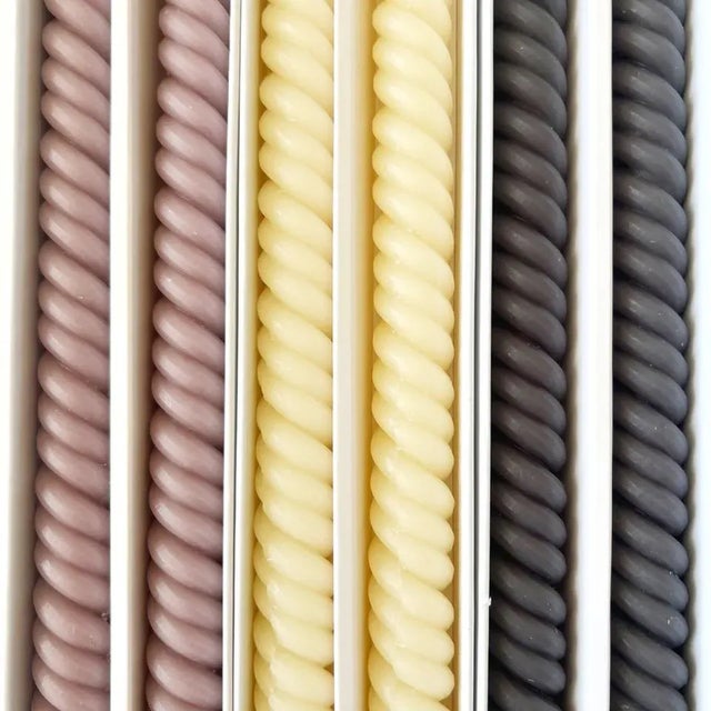 Set of 6 Beeswax Taper Candles - three pairs, one of each color: Misty Lilac (light purple) Cathedral (cream) Slate (gray)...