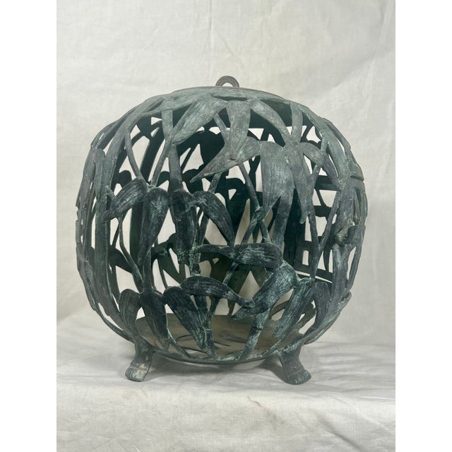 Metal Antique Japanese Export Bronze Hanging Lantern Sphere With Bamboo Pattern For Sale - Image 7 of 8
