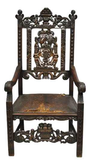 Late 19th Century Antique Italian Renaissance Carved Walnut Throne Armchair With Winged Cherubs