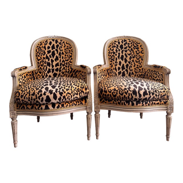 Vintage Louis XVI Bergere Chairs in Velvet Leopard For Sale