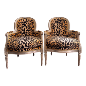 Vintage Louis XVI Bergere Chairs in Velvet Leopard