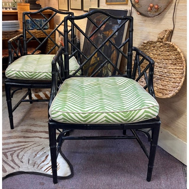 Mid-Century Modern Mid Century Chinese Chippendale Chairs With Quadrille Fabric Cushions, a Pair For Sale - Image 3 of 11