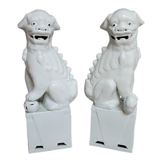 Pair of Large Vintage Chinese Blanc De Chine Foo Dogs, Guardian Lions With Cub & Ball For Sale