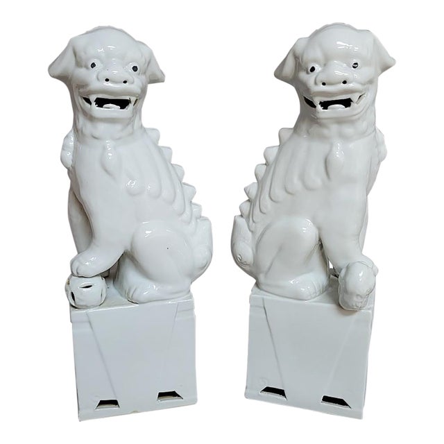 Pair of Large Vintage Chinese Blanc De Chine Foo Dogs, Guardian Lions With Cub & Ball For Sale