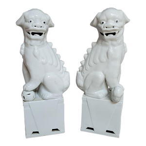 Pair of Large Vintage Chinese Blanc De Chine Foo Dogs, Guardian Lions With Cub & Ball