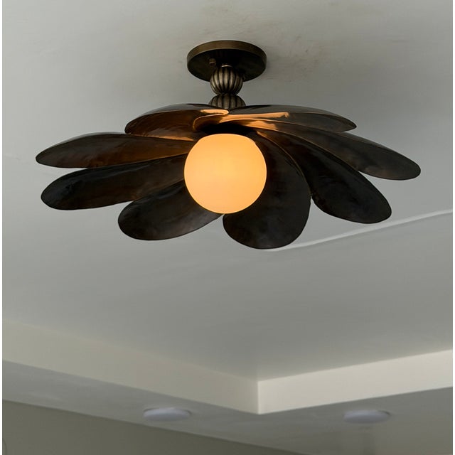 Black Antique Brass Semi Flush Mount Light Fixture, Handmade Flower Ceiling Light For Sale - Image 16 of 18