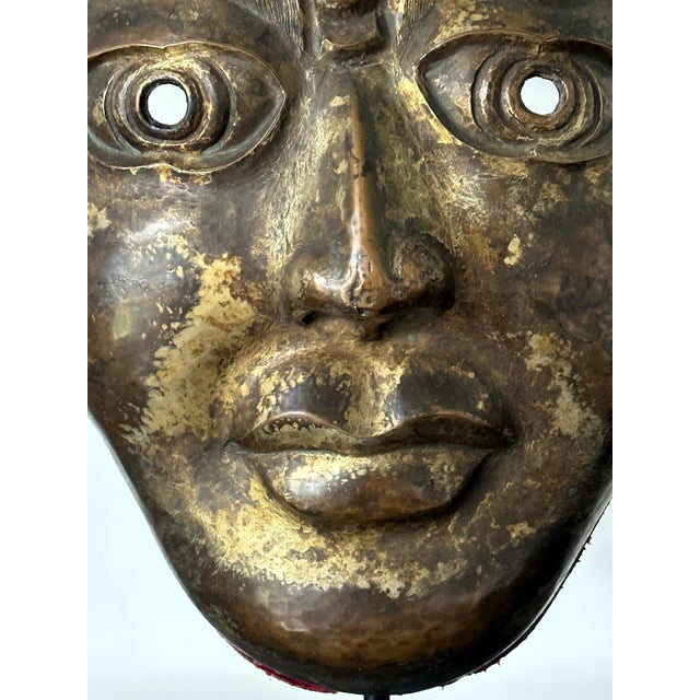 Tibetan Gilt Copper Alloy Mask on Display Stand For Sale - Image 12 of 18