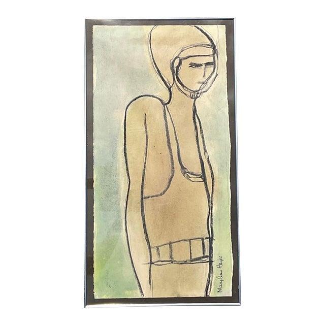 Vintage Boho Original Pastel and Watercolor Figurative Drawing on Paper For Sale