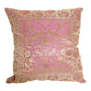 Silk Pink Throw Pillow With Elephants and Peacocks India