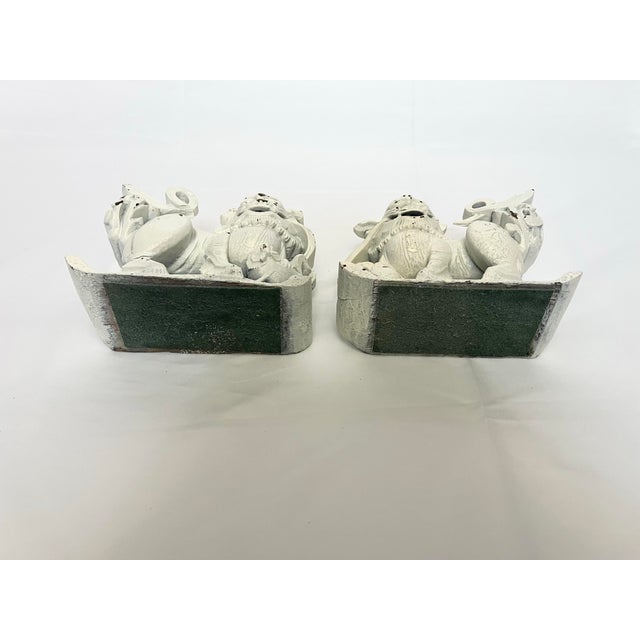Wood Vintage Hand-Carved Chinese Wooden Foo Dog Guardians – A Pair For Sale - Image 7 of 11