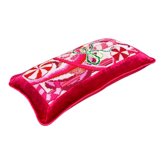 Hand-Embroidered Needlepoint "Candy Cane" Holiday Pillow, One of a Kind For Sale - Image 4 of 5