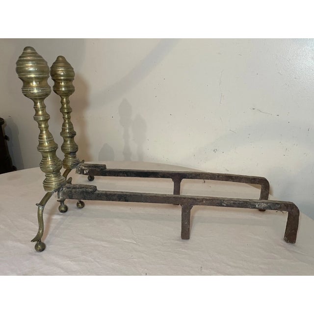 Pair of Turned 18th Century Peened Brass Wrought Iron Georgian Andirons 1700's For Sale In New York - Image 6 of 15