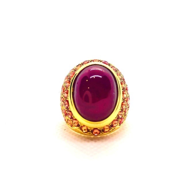 Gemstone Bochic "Orient" Vintage Ruby & Orange Sapphire Cocktail Ring 18K Gold & Silver For Sale - Image 7 of 18