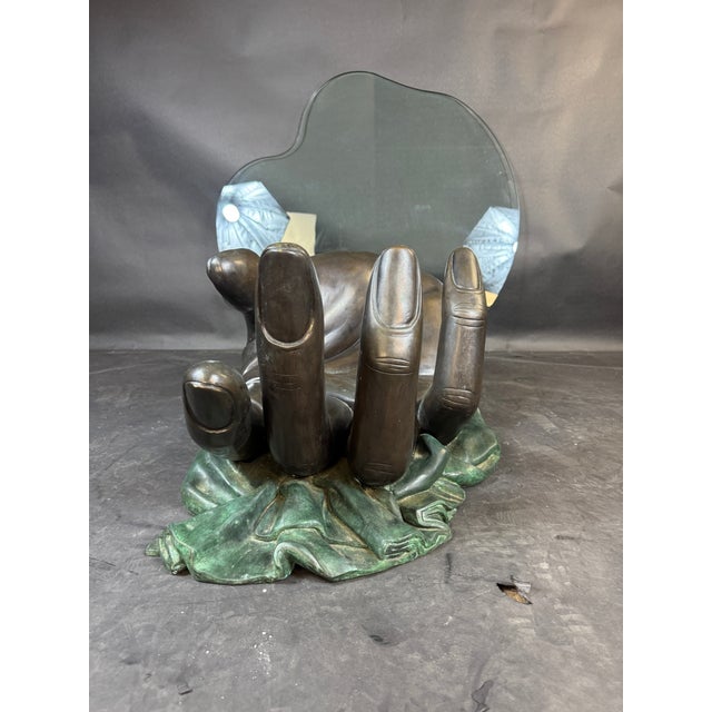 Mid Century Leonardo Rossi Bronze Hand Sculpture Glass Top Coffee Table For Sale - Image 9 of 11