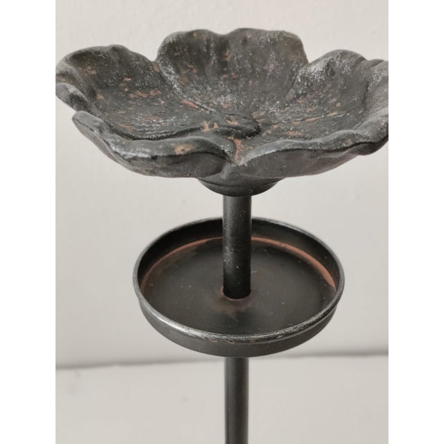 Late 20th Century Vintage Wrought Iron Tall Sculptural Flower Shaped Candle Holder ~ Pair For Sale - Image 5 of 9
