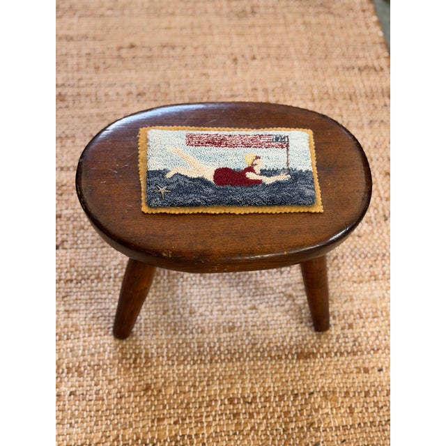 Folk Art Antique Footstool With Hand Hooked Detailed Top For Sale - Image 3 of 8
