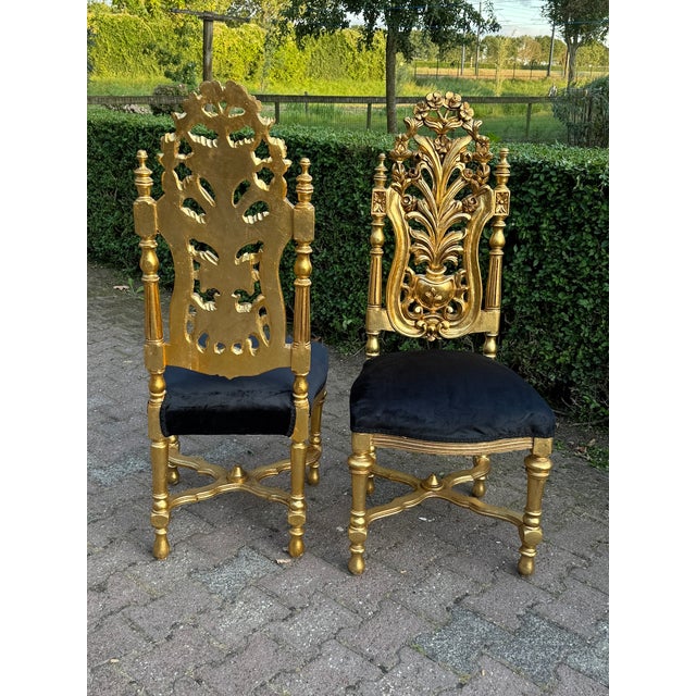 1900 Italian Rococo Gold Beech Black Velvet Dining Chairs - Set of 6 Pc For Sale - Image 13 of 18