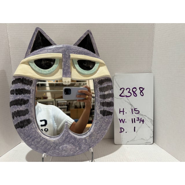 Vintage 1981 m.p. Ent. Whimsical Cat Wall Mirror Lavender Ceramic Folk Art For Sale - Image 11 of 11
