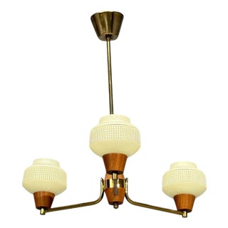 Swedish Modern, Pendant Light, Brass Teak, Textured Glass, Sweden, 1950s For Sale