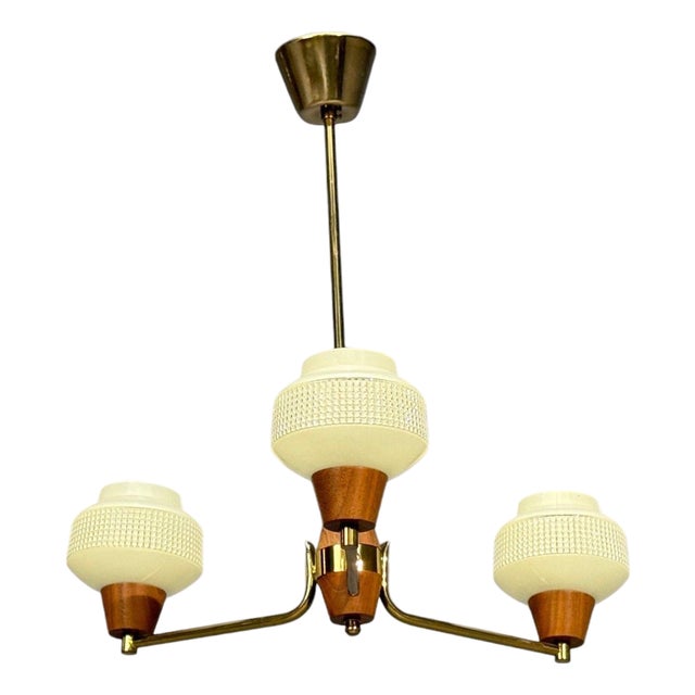 Swedish Modern, Pendant Light, Brass Teak, Textured Glass, Sweden, 1950s For Sale