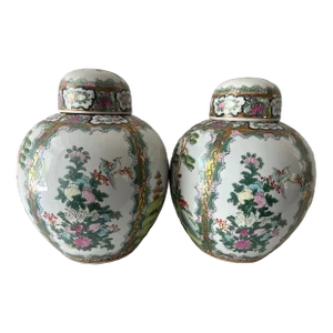 Pair of Vintage Famille Rose Lidded Ginger Jars
