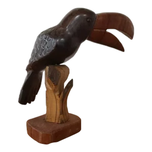 Late 20th Century Vintage Wooden Toucan With Intricately Carved Tail Feathers